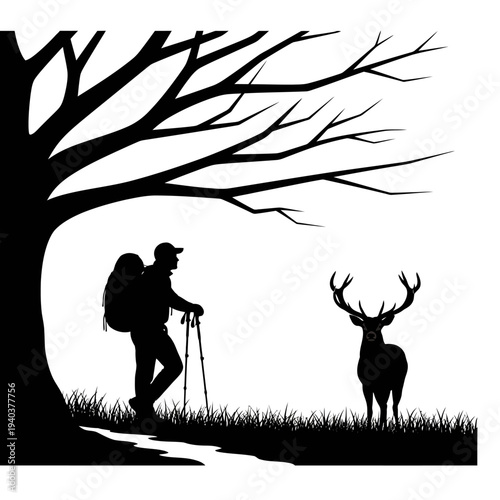 Hiker encountering majestic deer in serene forest landscape