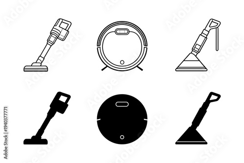 Set of modern vacuum cleaner icons in linear and silhouette style, essential home appliances for house cleaning and maintenance, isolated vector illustration