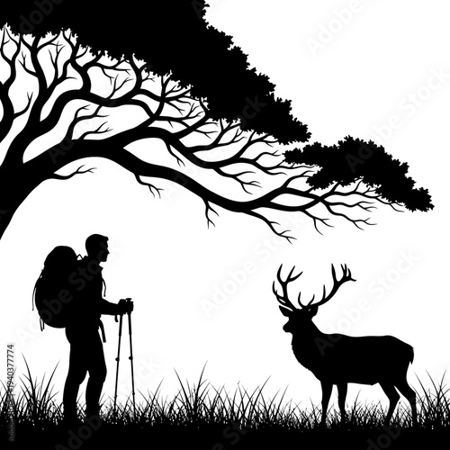 Hiker with backpack meets majestic deer under sprawling tree