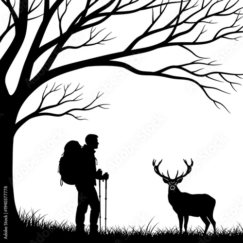 Hiker with backpack standing next to deer under bare tree