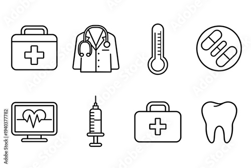 Professional medical and healthcare equipment icon set featuring first aid kit, stethoscope, doctor coat, thermometer, syringe, and dental health symbols