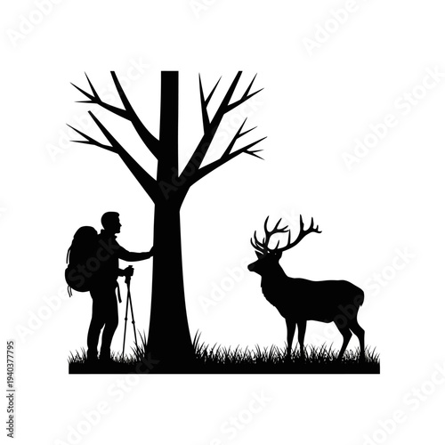 Hiker encountering majestic deer in serene forest setting