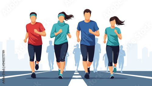 Diverse group of people in colorful athletic wear running together on a city marathon route as part of a healthy lifestyle and fitness event.