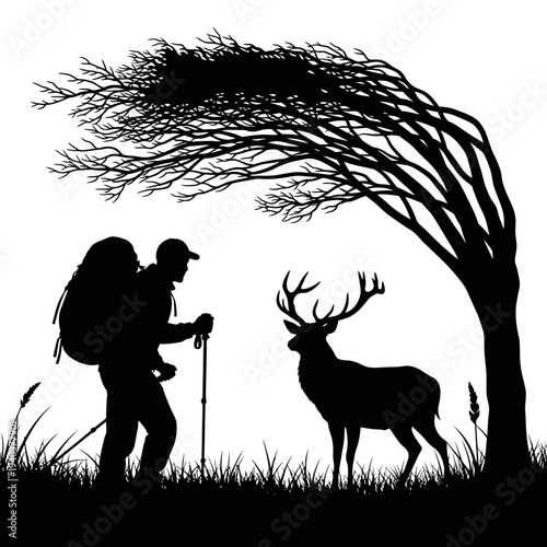 Hiker with deer in forest landscape silhouette