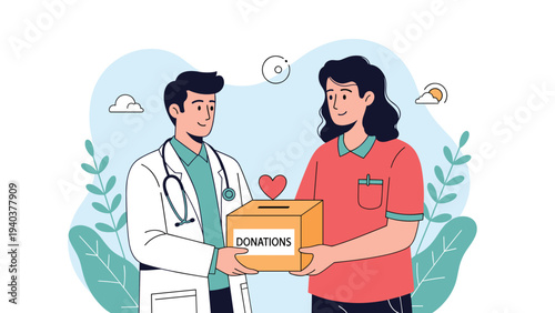 Male doctor in a white coat and a woman in a red shirt holding a donation box together with a heart symbol for a medical charity cause.