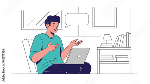 Worried man sitting at his desk with a laptop and looking confused with an empty speech bubble above him in a clean office environment.