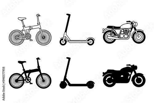 Set of personal transportation vehicle icons, including folding bicycle, electric kick scooter, and motorcycle, presented in both outline and solid black silhouette graphic styles