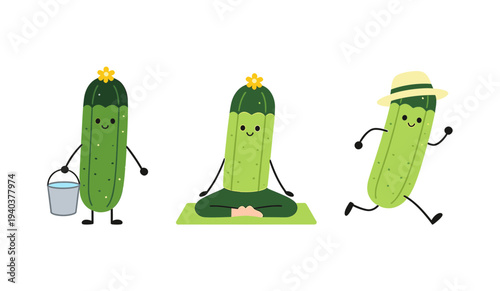 Cute cartoon cucumber characters collection featuring a watering, meditating, and running vegetable design set for healthy eating and lifestyle concepts