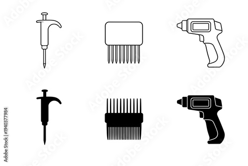 Laboratory scientific equipment collection icons including pipette, comb-like sampling tool and infrared thermal thermometer gun in outline and solid styles