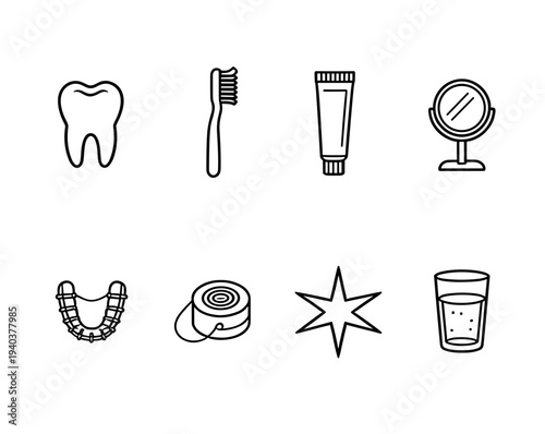Dental hygiene and oral care flat line icons set featuring tooth, toothbrush, toothpaste, mirror, retainer, dental floss, sparkle and glass of water