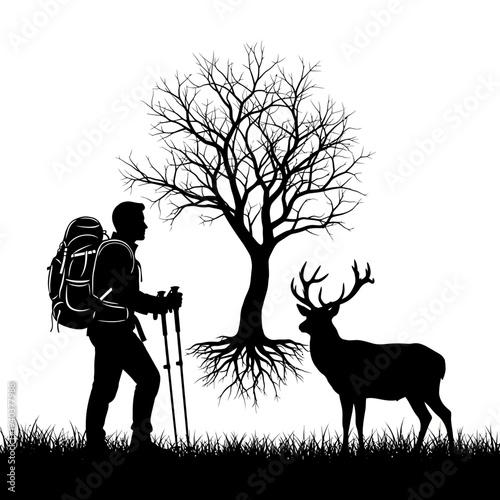 Hiker with backpack encounters deer under bare tree in nature