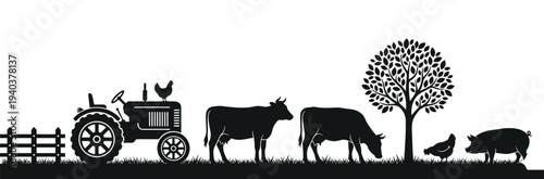 Black vector illustration of a wild horse and farm livestock silhouette including a cow, pig, and sheep in a nature field drawing