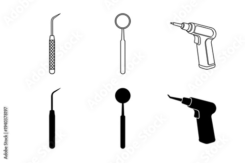 Dental and medical examination tools icon set featuring dental mirror explorer probe and handpiece drill equipment for oral health care and clinical procedures