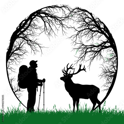 Hiker encounters majestic deer in serene natural landscape