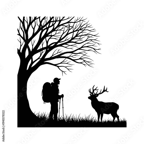 Hiker encounters majestic deer under bare tree in serene natural setting