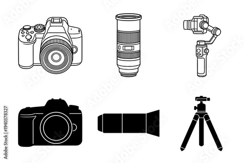 Professional photography equipment icons set featuring DSLR camera telephoto lens stabilizer gimbal and tripod isolated on white background for visual production
