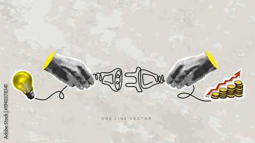 Halftone Collage man connects light bulb and up chart, sales graph.Modern collage design. Growth chart. Successful business performance. Financial success. Business data graph. Achieving high results