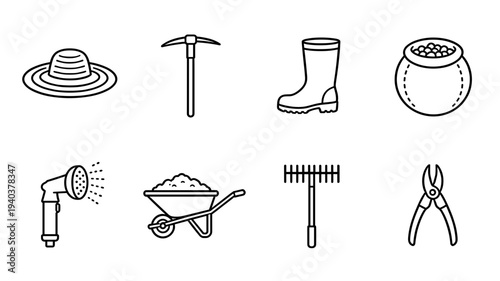 Essential gardening and farming tool icons set featuring sun hat pickaxe rubber boot potted plant sprayer wheelbarrow rake and pruning shears for horticulture