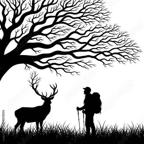 Hiker encounters majestic deer under bare tree in serene natural setting