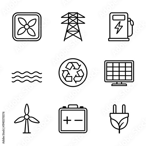 Sustainable energy and environmental power resource icons set featuring wind turbine solar panel battery electric charging station power grid and recycling symbol