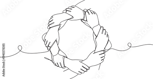 Continuous line art of multiple hands joined in a circle, unity and teamwork icon.