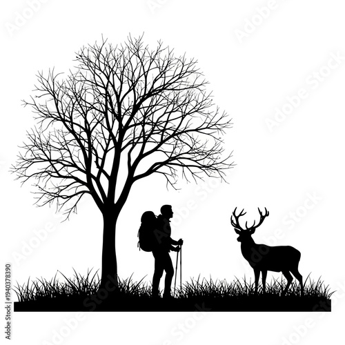 Hiker with deer in forest landscape silhouette