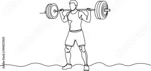 Continuous line art of a man performing a barbell squat, isolated gym vector.