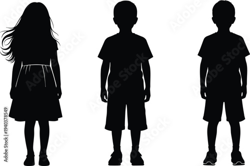 Set of three standing children silhouettes featuring a young girl with long hair and two boys in casual t-shirts and shorts for school design