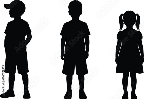 Set of three standing children silhouettes featuring two boys in casual t-shirts and shorts and a young girl with pigtails for school design
