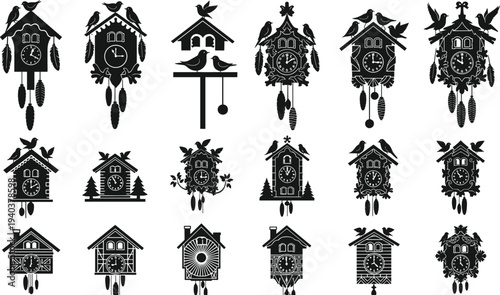 Set of Traditional Cuckoo Clock Black Silhouette Icons Featuring Decorative Wooden Pendulum Clocks with Birds and Forest Elements Vector Illustration for Vintage Home Decor Design