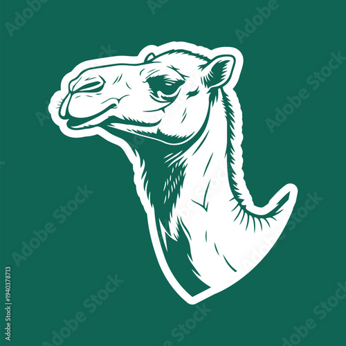 Camel Head Illustration with White Outline on Green Background