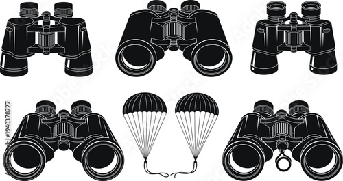 Vector collection of black binocular silhouettes featuring various realistic designs and creative versions with parachutes isolated on white background for observation and travel themes