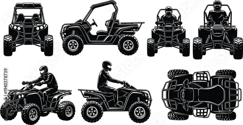 Vector collection of black ATV and UTV silhouettes featuring off road quad bikes and utility terrain vehicles isolated on white background for extreme sports design