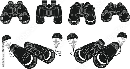 Vector collection of black binocular silhouettes featuring various realistic designs and creative versions with parachutes isolated on white background for observation and travel themes