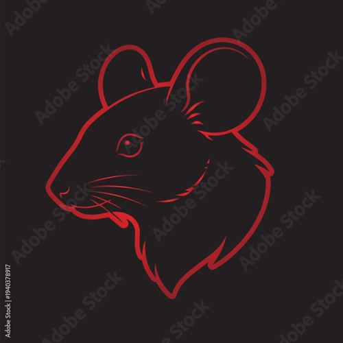 Mouse Portrait Illustration with Red Outline on Black Background