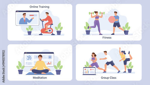 Online fitness training and digital wellness concept set with people doing workout meditation and gym exercises via laptop