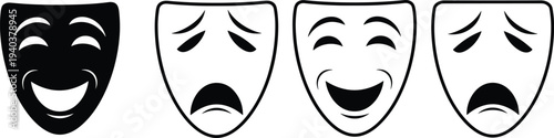 Theater comedy and tragedy masks set including black and white drama symbols, happy and sad faces for acting, performance arts, and entertainment industry icons.