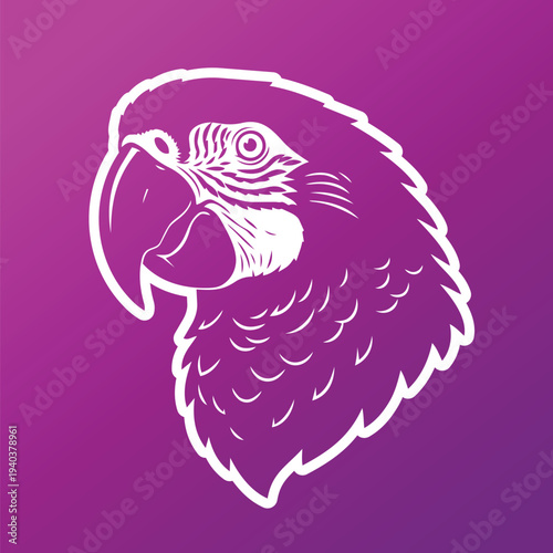 Parrot Portrait Illustration with White Outline on Purple Background
