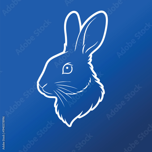 Rabbit Portrait Illustration with White Outline on Blue Background