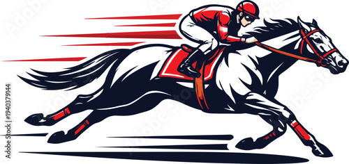 Jockey Riding Racing Horse Illustration – Fast Galloping Thoroughbred Horse with Rider for Horse Racing Sport, Competition and Derby Design