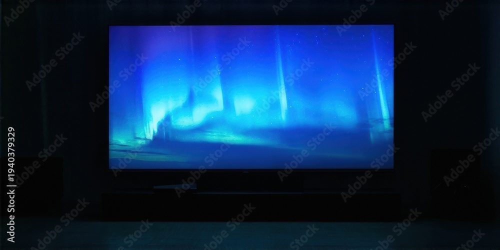 Fototapeta premium Dark room features large screen displaying vibrant aurora borealis. Blue, green hues dominate display, creating immersive experience. Minimalist setting.