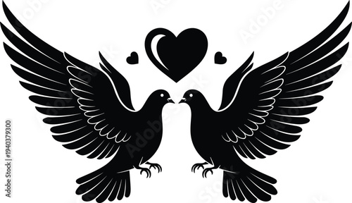 Two Black Silhouette Flying Doves Facing Each Other with a Central Heart Symbolizing Peace Love and Harmony for Wedding or Spiritual Greeting Design