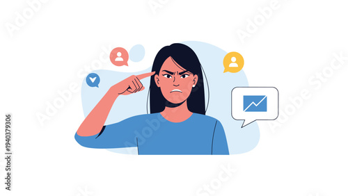 Angry woman pointing at her head with a finger to show frustration while surrounded by social media notification icons and message bubbles.