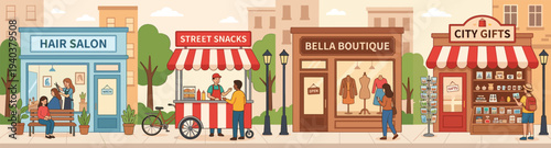 WebCity street with flat vector illustration of small business storefronts including hair salon, snack cart, boutique, and gift shop.