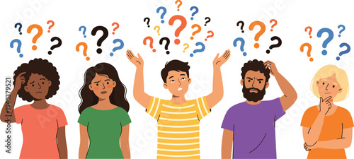 WebDiverse group of confused people with question marks, multiracial men and women thinking, feeling puzzled, frustrated, and searching for answers.