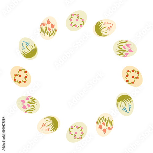 Circular arrangement of decorative Easter eggs featuring floral patterns in pastel colors on a white background, suitable for holiday-themed designs and decorations