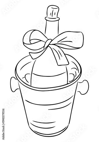 Champagne bottle in an ice bucket with a decorative bow, illustrated in a simple line art style, suitable for celebration and event-themed designs