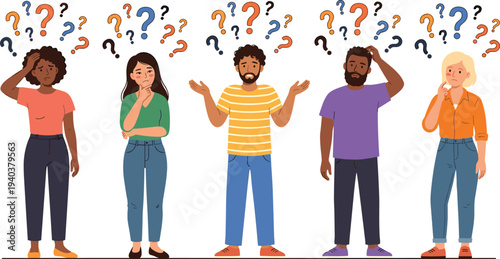 WebDiverse Group of People Feeling Confused and Thinking with Question Marks, Flat Vector Illustration of Puzzled Men and Women.