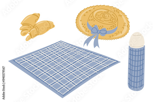 Picnic items featuring a straw hat, croissants, a blue checkered blanket, and sunscreen bottle displayed on a white background for outdoor dining preparation