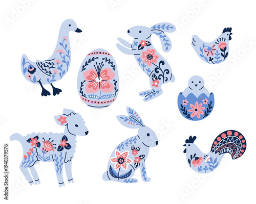 Colorful illustrated animals and Easter egg with floral patterns, including a duck, rabbit, chick, lamb, and hen, arranged in a playful composition on a white background